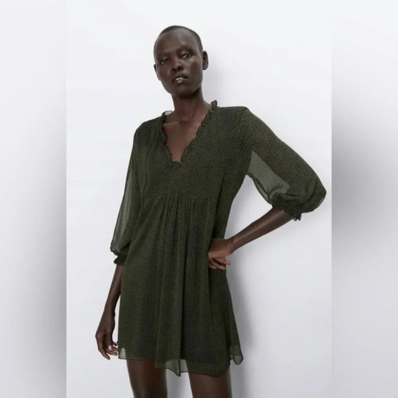 Zara Olive Green Cheetah Print Babydoll Mini Dress Size S - Picture 1 of 9